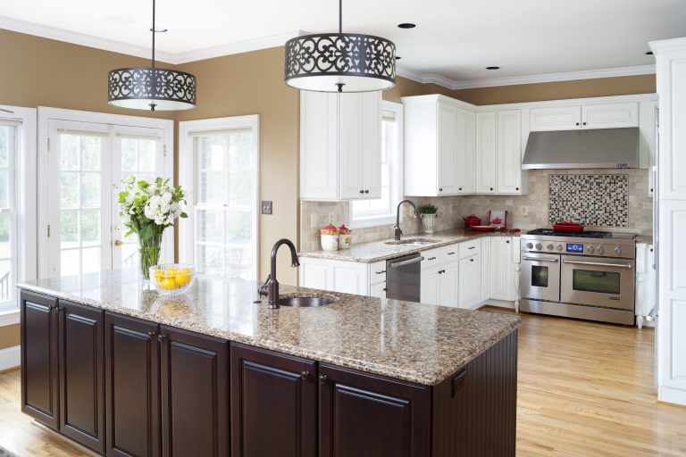 kitchen island with mini sink pendant lighting glass french doors