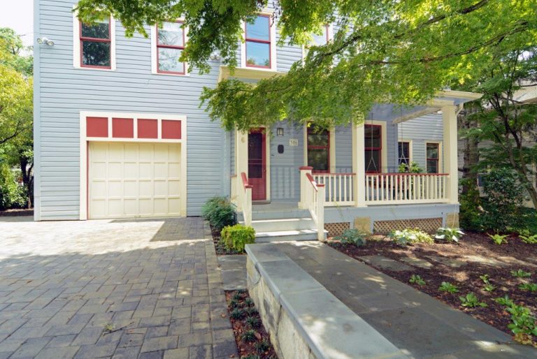 front driveway and entryway of virginia home red and light blue color palette