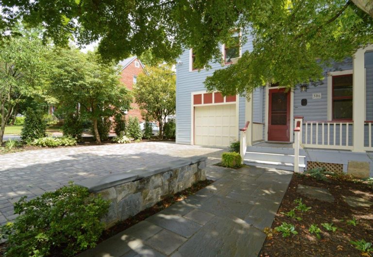 front driveway and entryway of virginia home red and light blue color palette