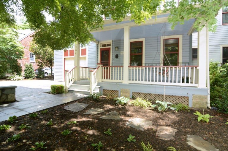 front driveway and entryway of virginia home red and light blue color palette