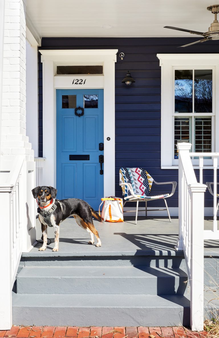 front porch of blue DC townhouse