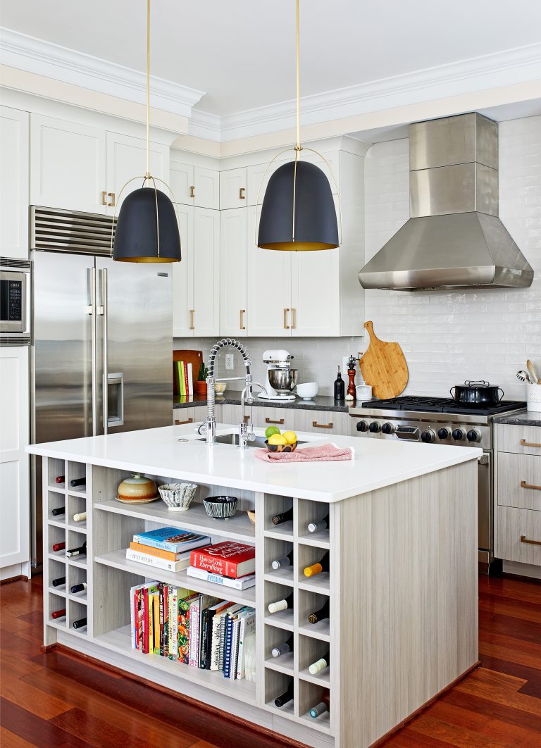 white kitchen with wood floors stainless steel appliances island with open shelf storage