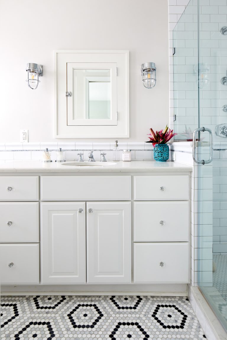 white bathroom with black and white geometric tile floors