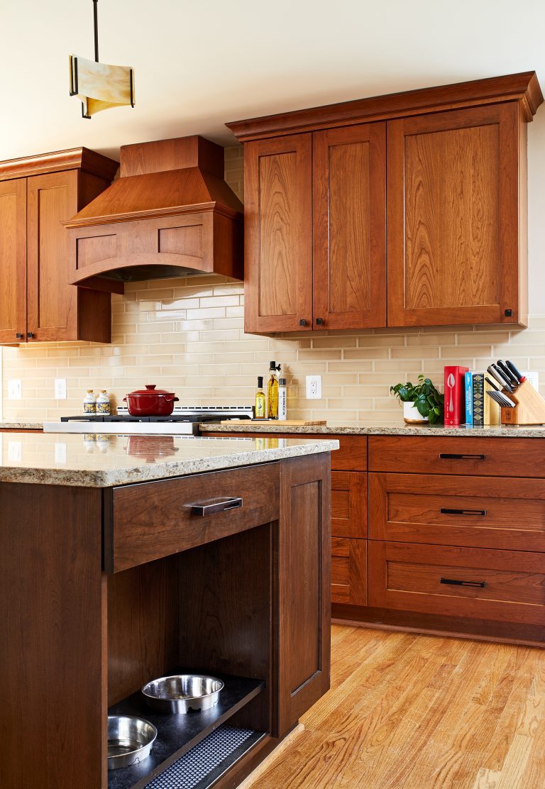 kitchen island with open shelving on side