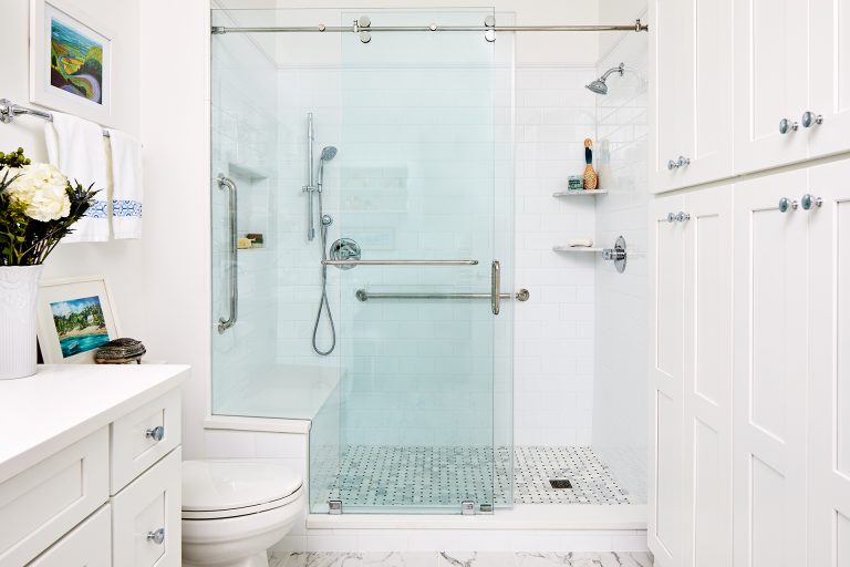 case remodeling bathroom with single sliding frameless shower doors