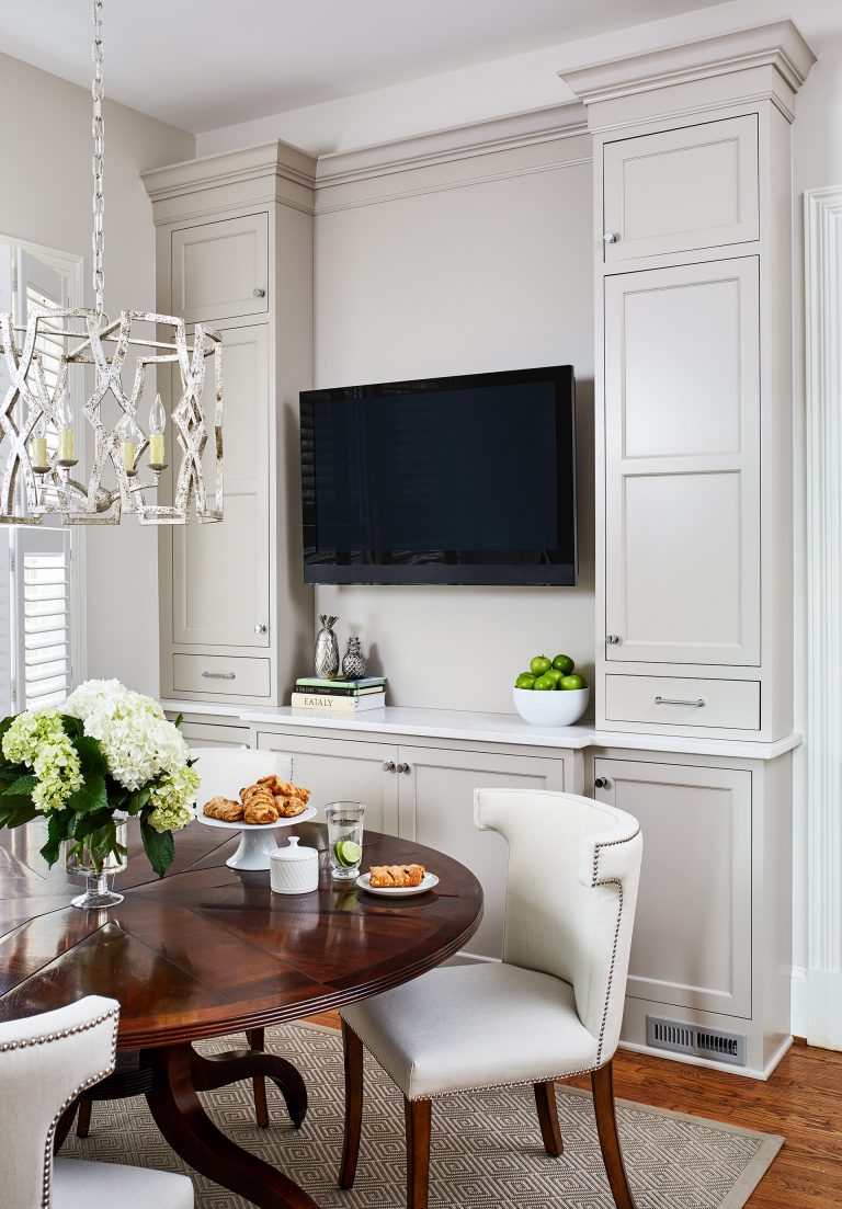 white dining room storage built in cabinets with mount tv