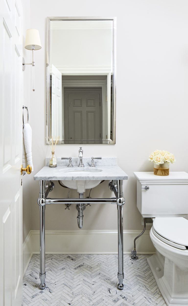 apothecary single sink, frame is solidly constructed of iron tubing with a moisture-resistant, polished-nickel finish