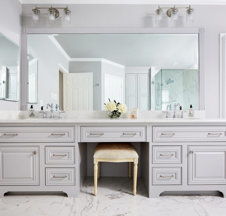 double sink bathroom vanity set in grey with round undermount sink, white marble countertop, large mirror