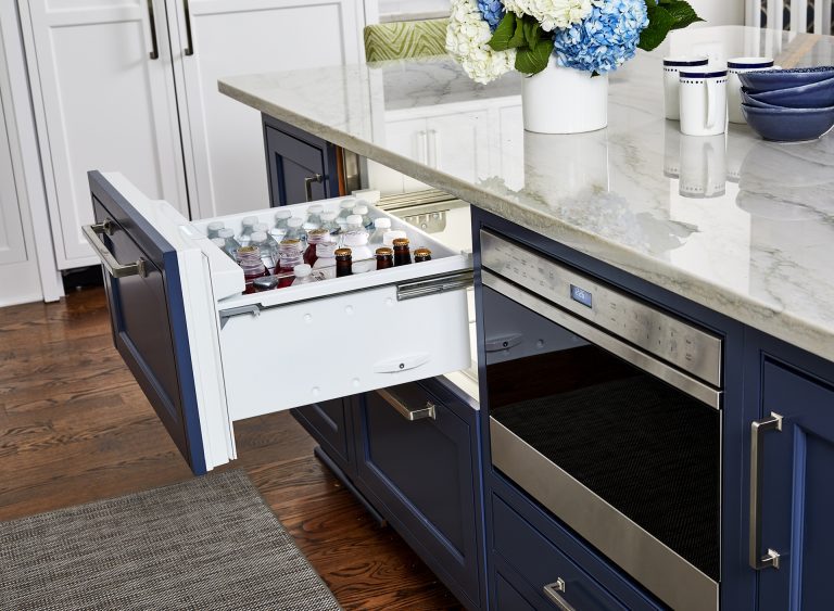 Kitchen island storage with set of refrigerator drawer and stainless-steel microwave drawer oven