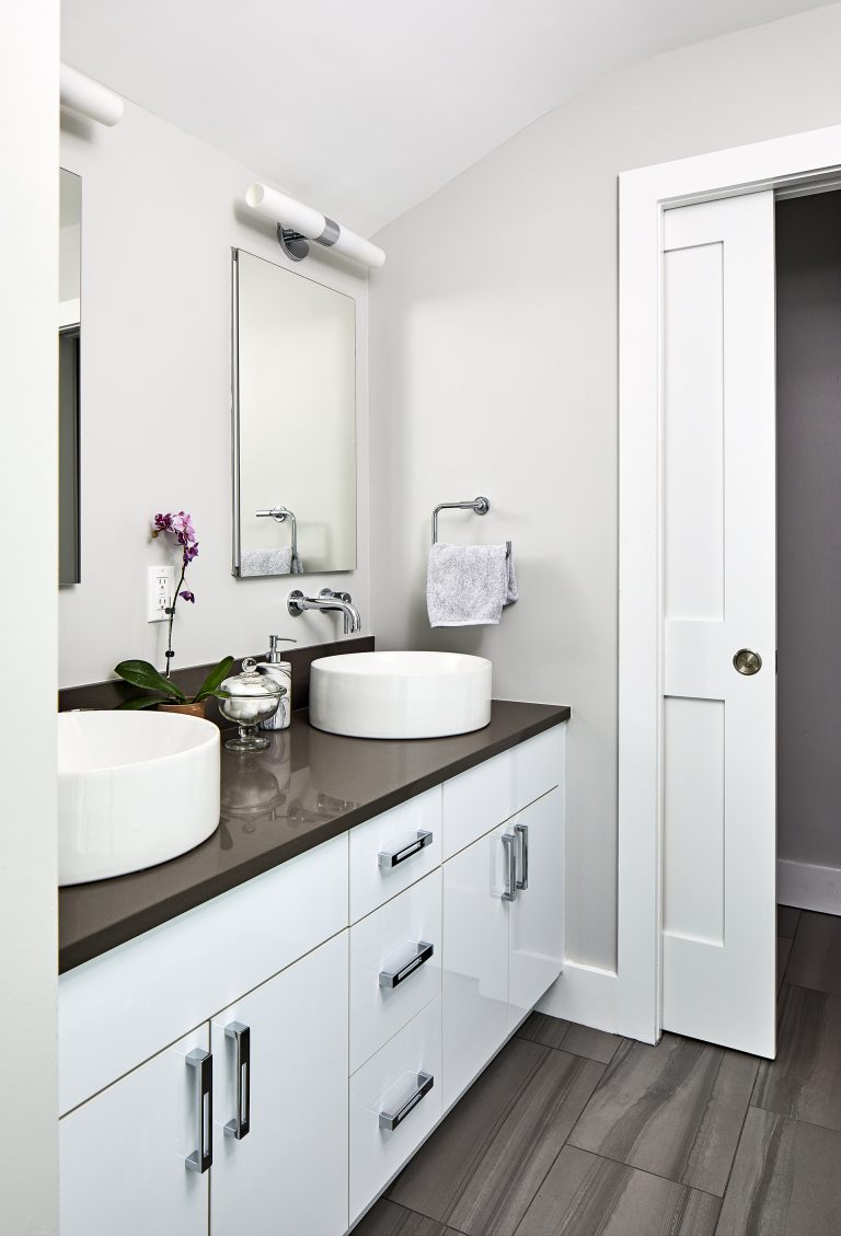 double sink, double bathroom mirrors above lighting
