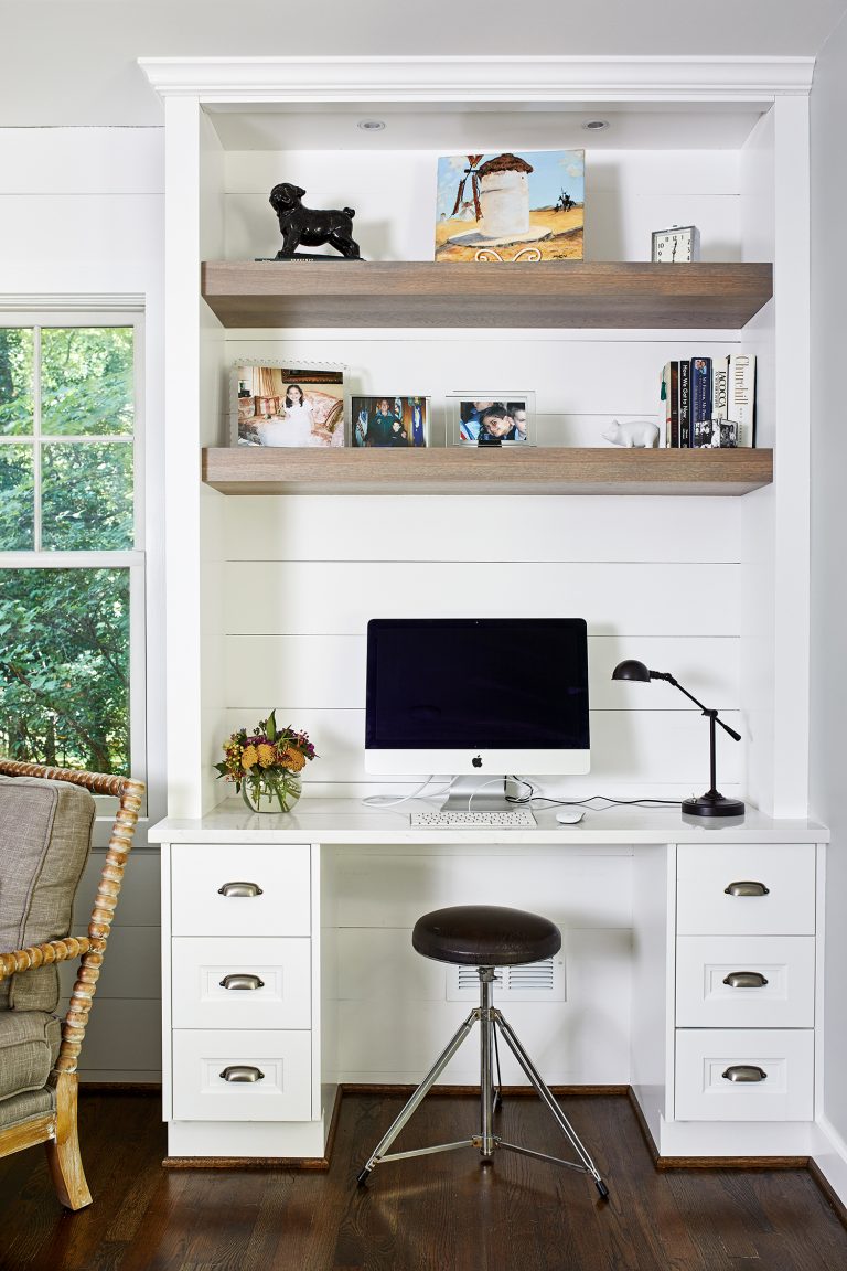 Small work desk with two wooden floating shelves