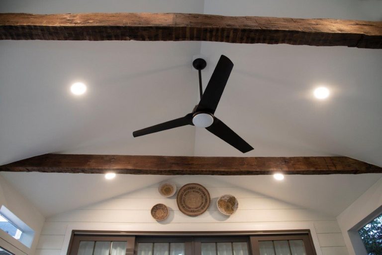 rustic ceilings beams with black ceiling fan