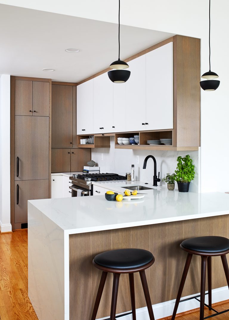 kitchen design ideas with two tone cabinets white with light brown and white counter with wood stool set