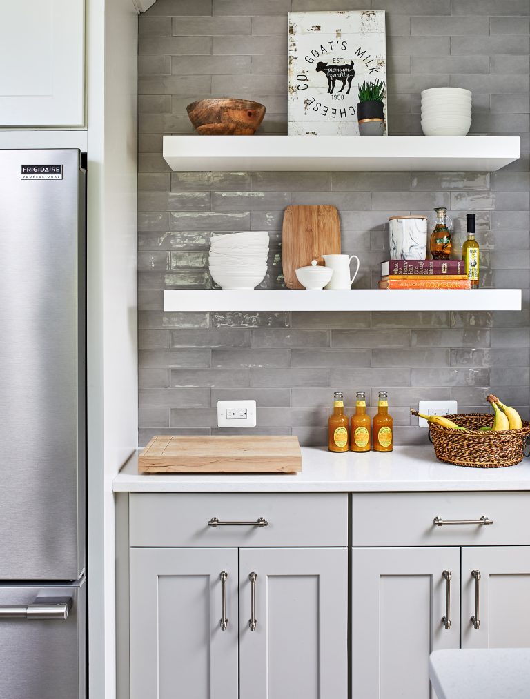 case design kitchen with grey brick backsplash