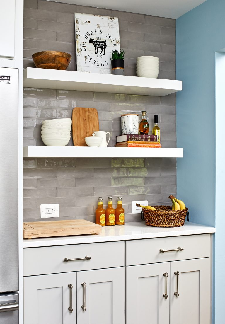 kitchen remodeling with cabinets with pull handles and open floating shelves