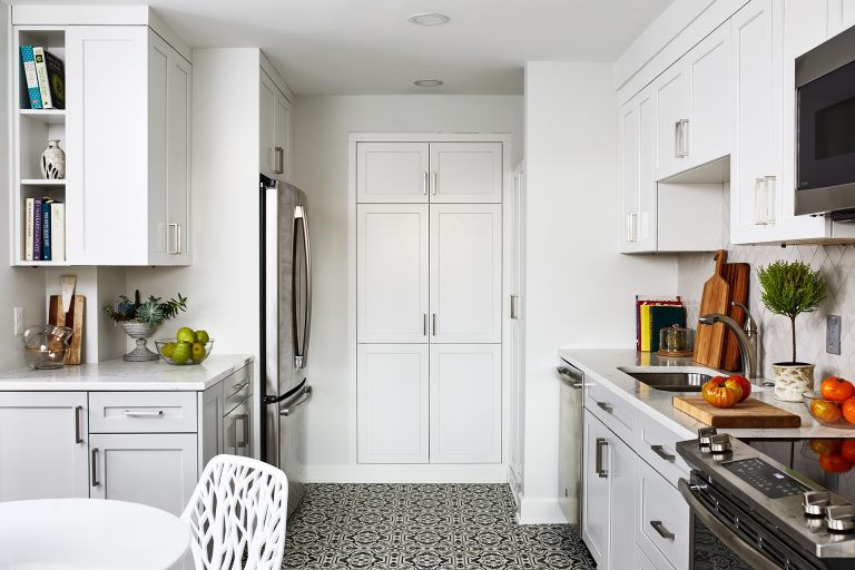 Kitchen remodeling dc white built-in pantry recessed into wall saves space
