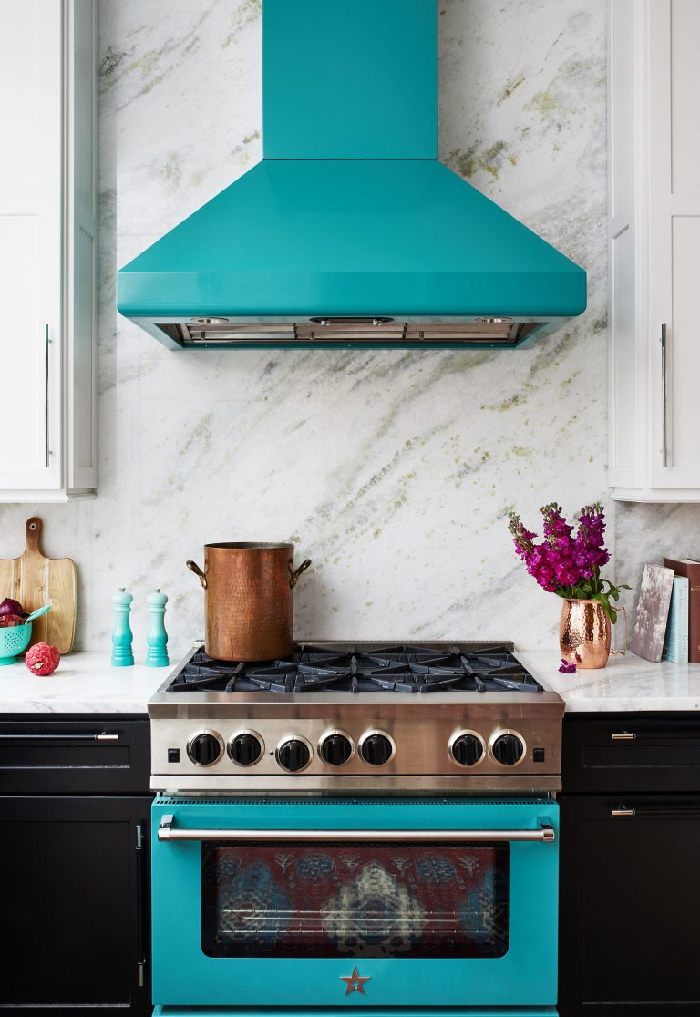kitchen stove hood turquoise with matching stove and black cabinets
