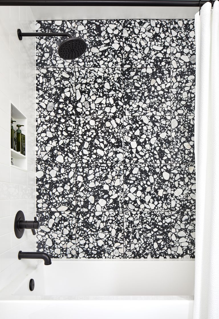 renovate bathroom in dc with black finish shower set faucet with bathroom tiles in black and white