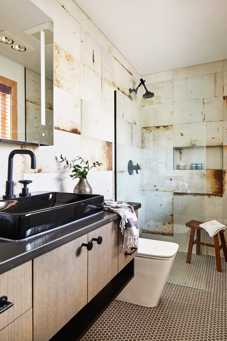 industrial style bathroom with neutral color palette