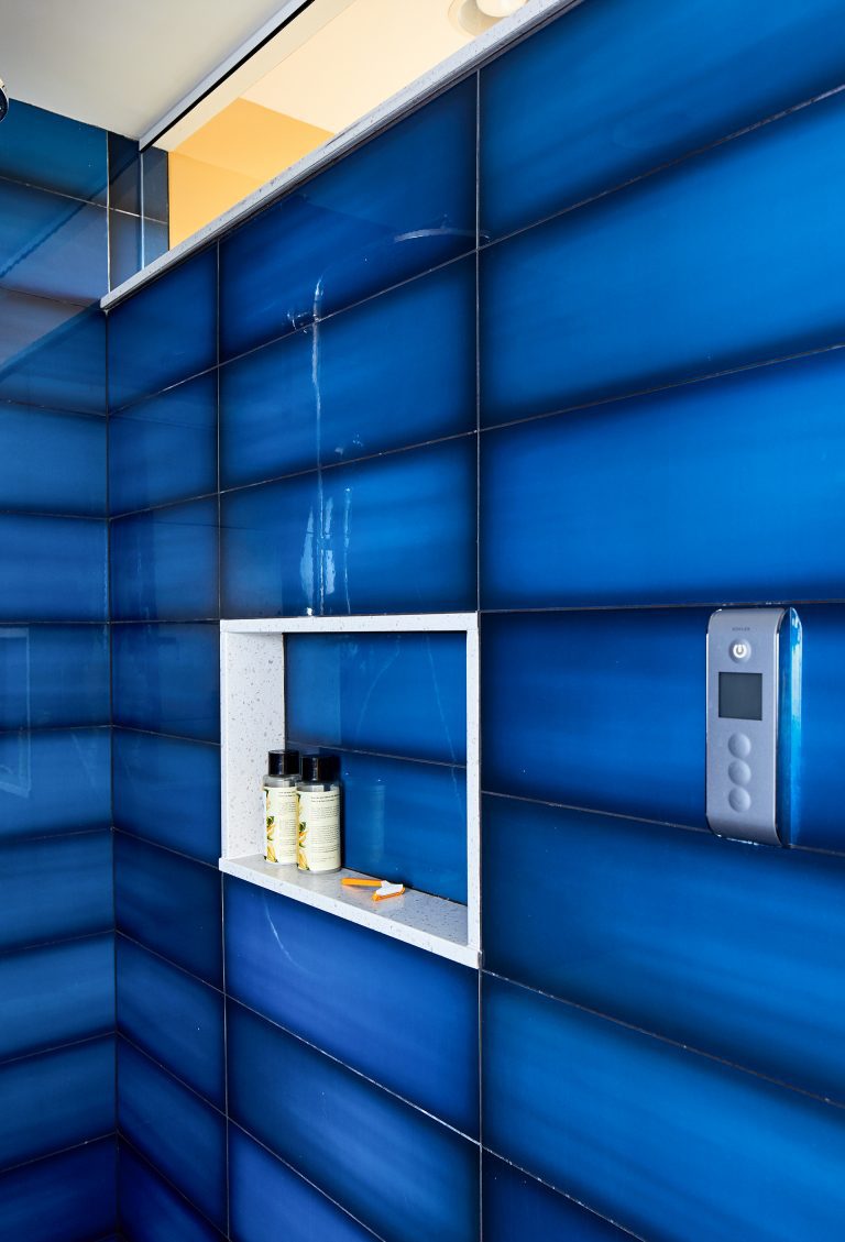 blue tile in shower with storage niche