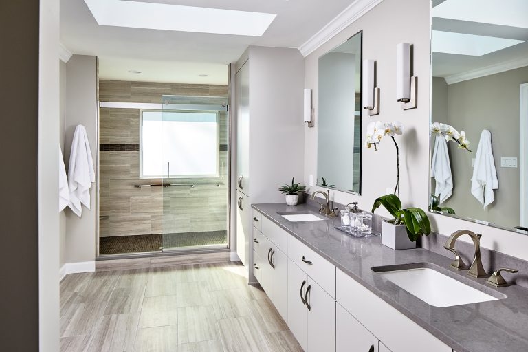 Maryland remodeler bathroom with vanity, two sinks, two mirrors and wall fixtures light