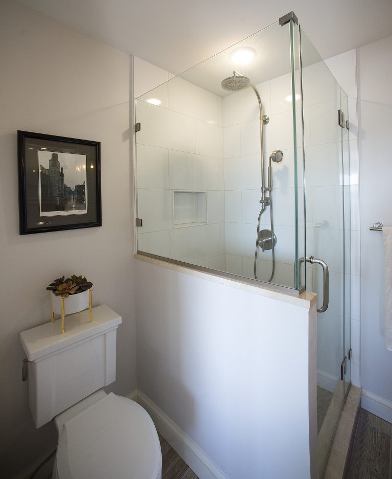 bathroom renovation all white separate shower stall with glass walls