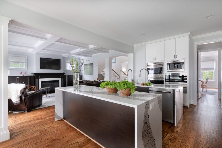 transitional marble top double kitchen islands