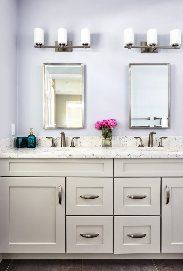 his/her double sink with double vanity with center drawer and cabinets