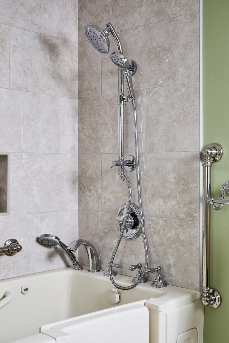 two–in–one stainless steel finish shower system with dual control handle, 3 setting diverter, showerhead, and hand shower with grab bar